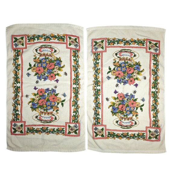Vintage Revere Mills Floral Print Cotton Kitchen Hand Towels Set Of 2 - Picture 1 of 8
